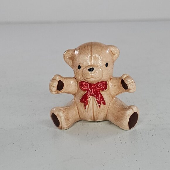 Vintage Ceramic Teddy Bear Miniature Figurine Set Red Blue Ribbon - Picture 8 of 8